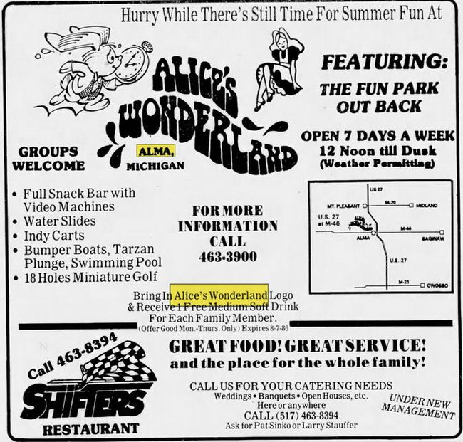 Jul 29 1986 ad Alice's Wonderland, Alma